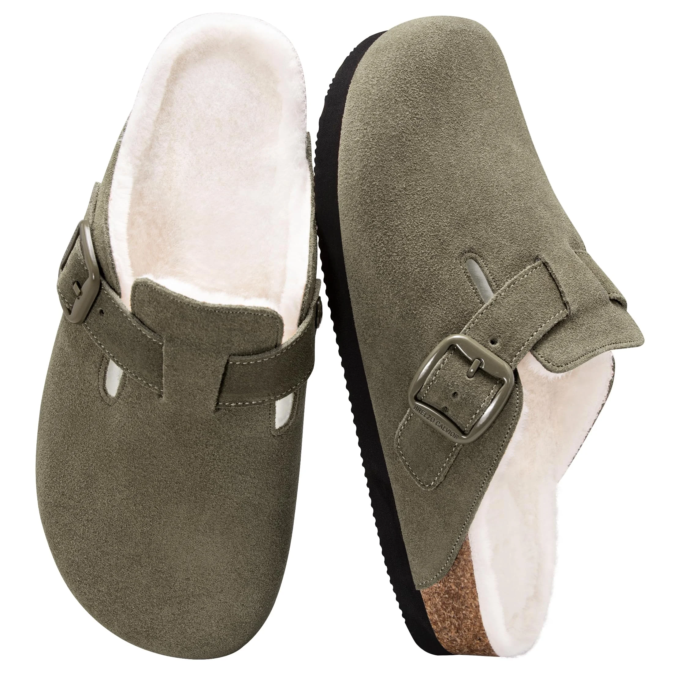 Brelzo Calvior olive fur-lined buckle clog