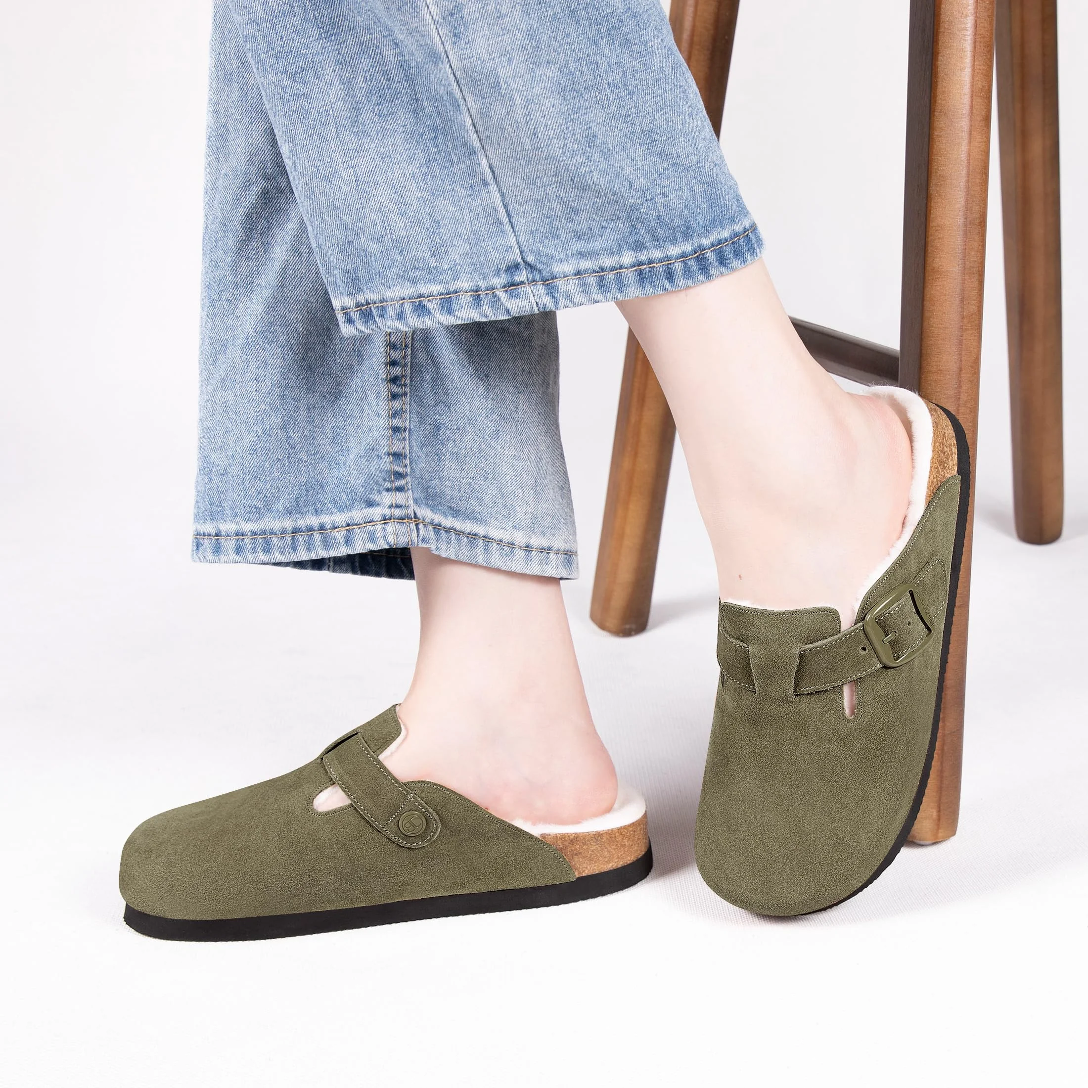 Brelzo Calvior olive fur-lined buckle clog photo 2