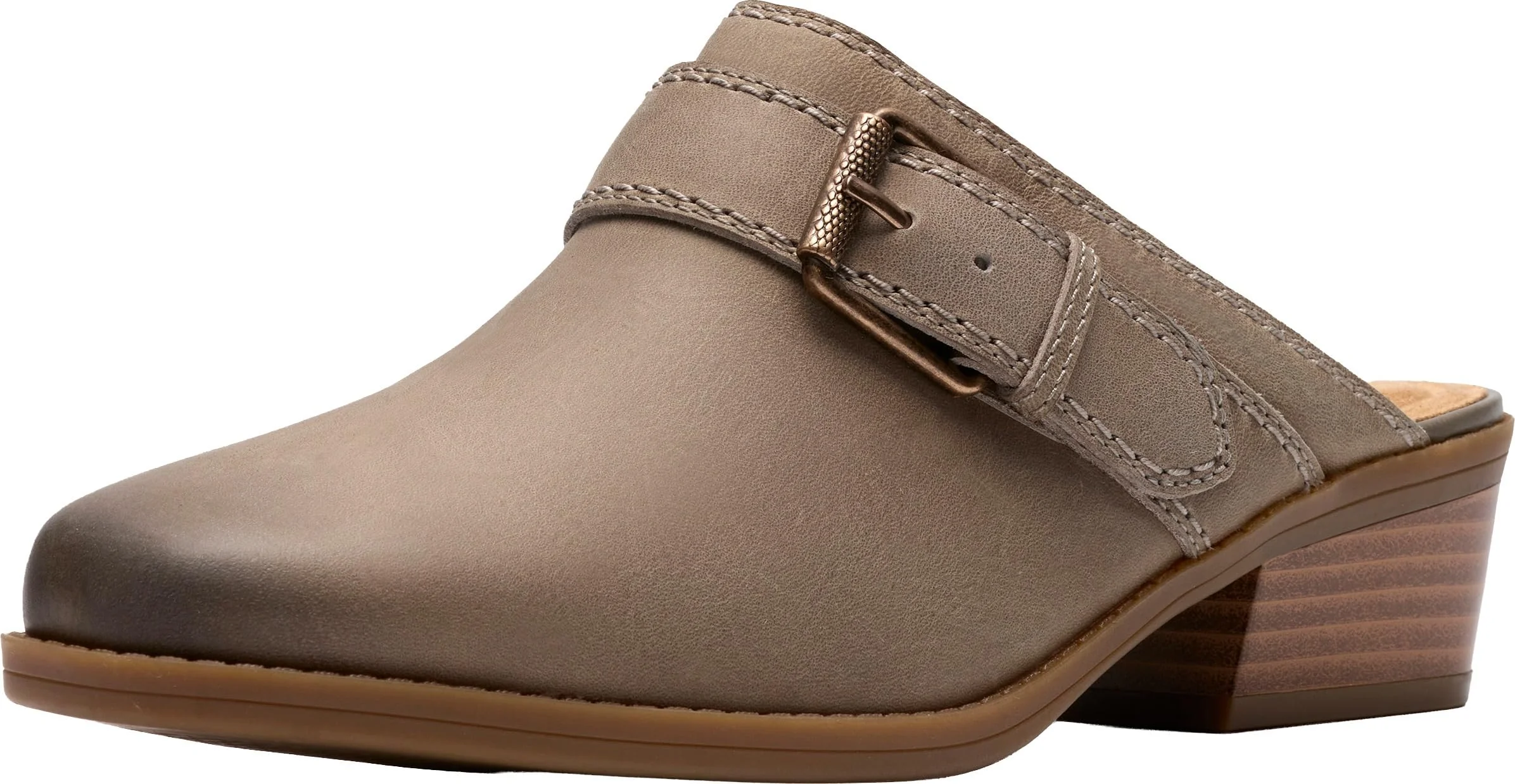 Clarks taupe leather buckle mule