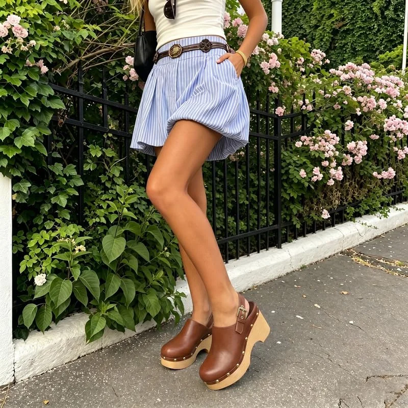 Brown Leather Studded Wedge Clog photo 3