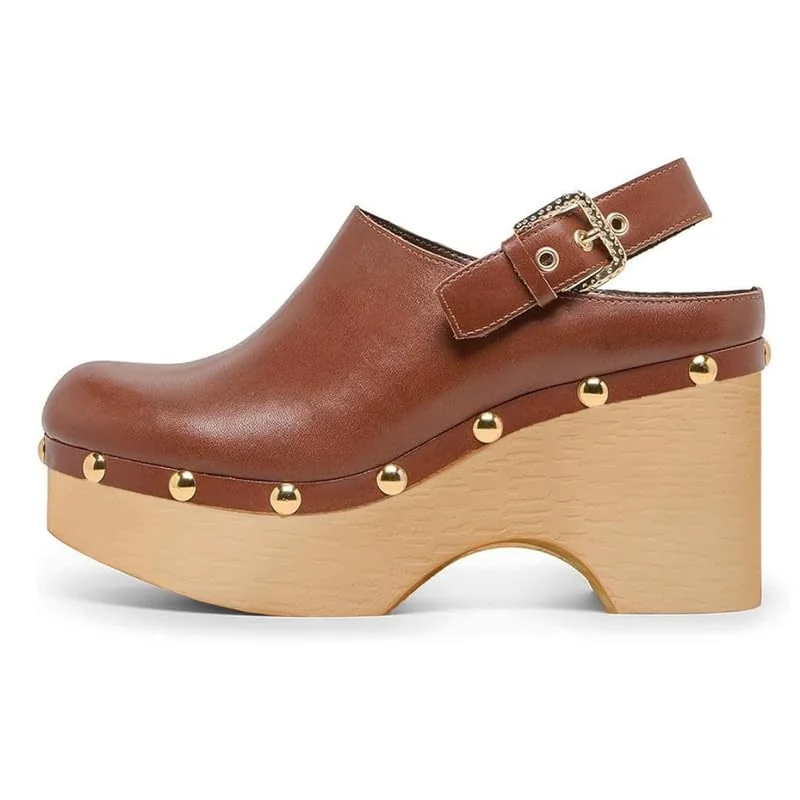 Brown Leather Studded Wedge Clog