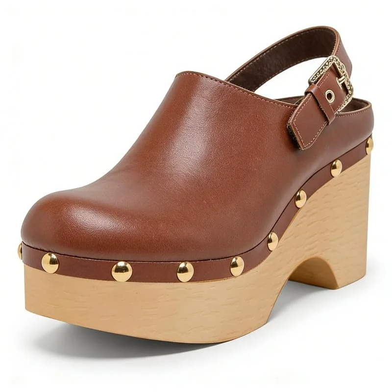 Brown Leather Studded Wedge Clog photo 4