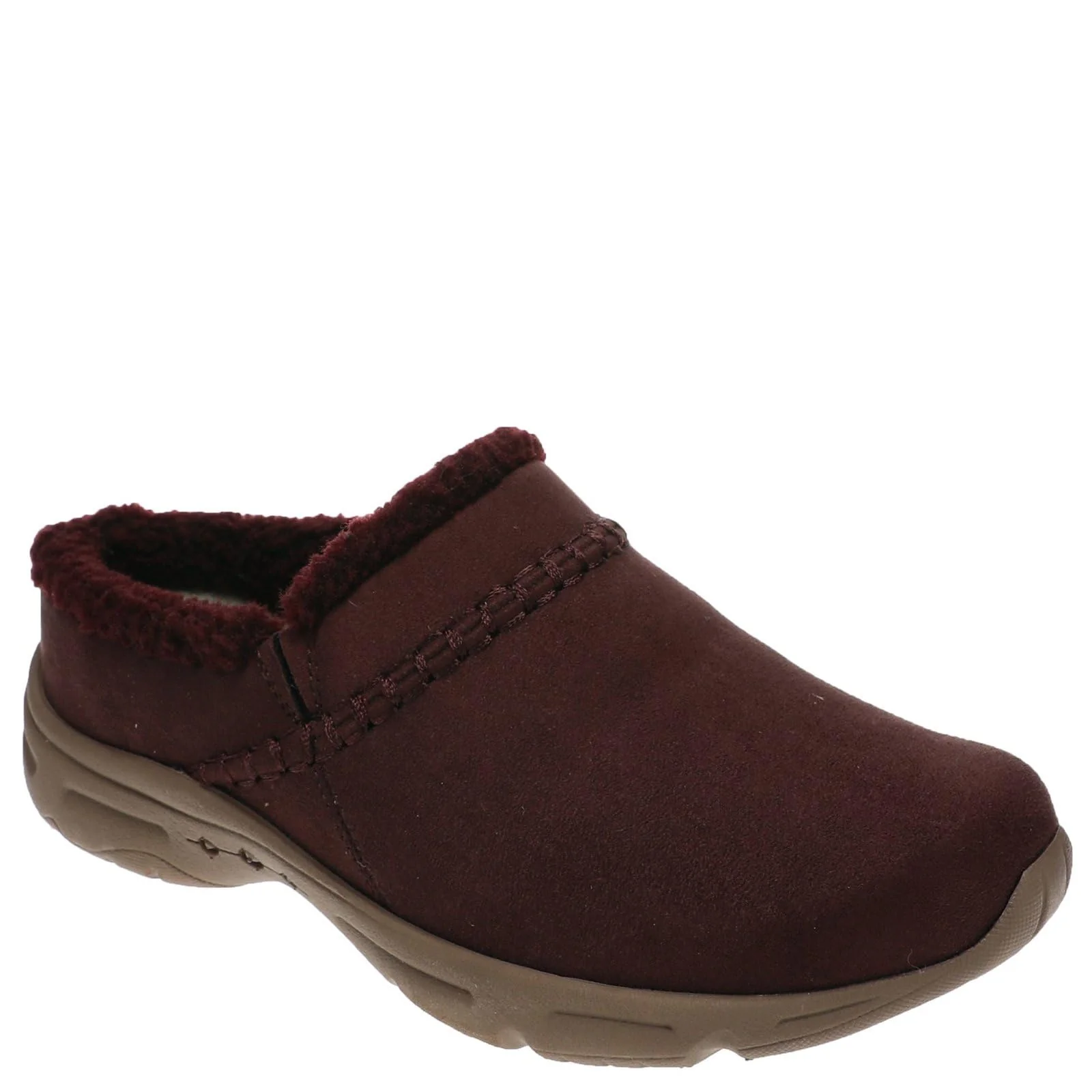 Fur-lined burgundy suede clog