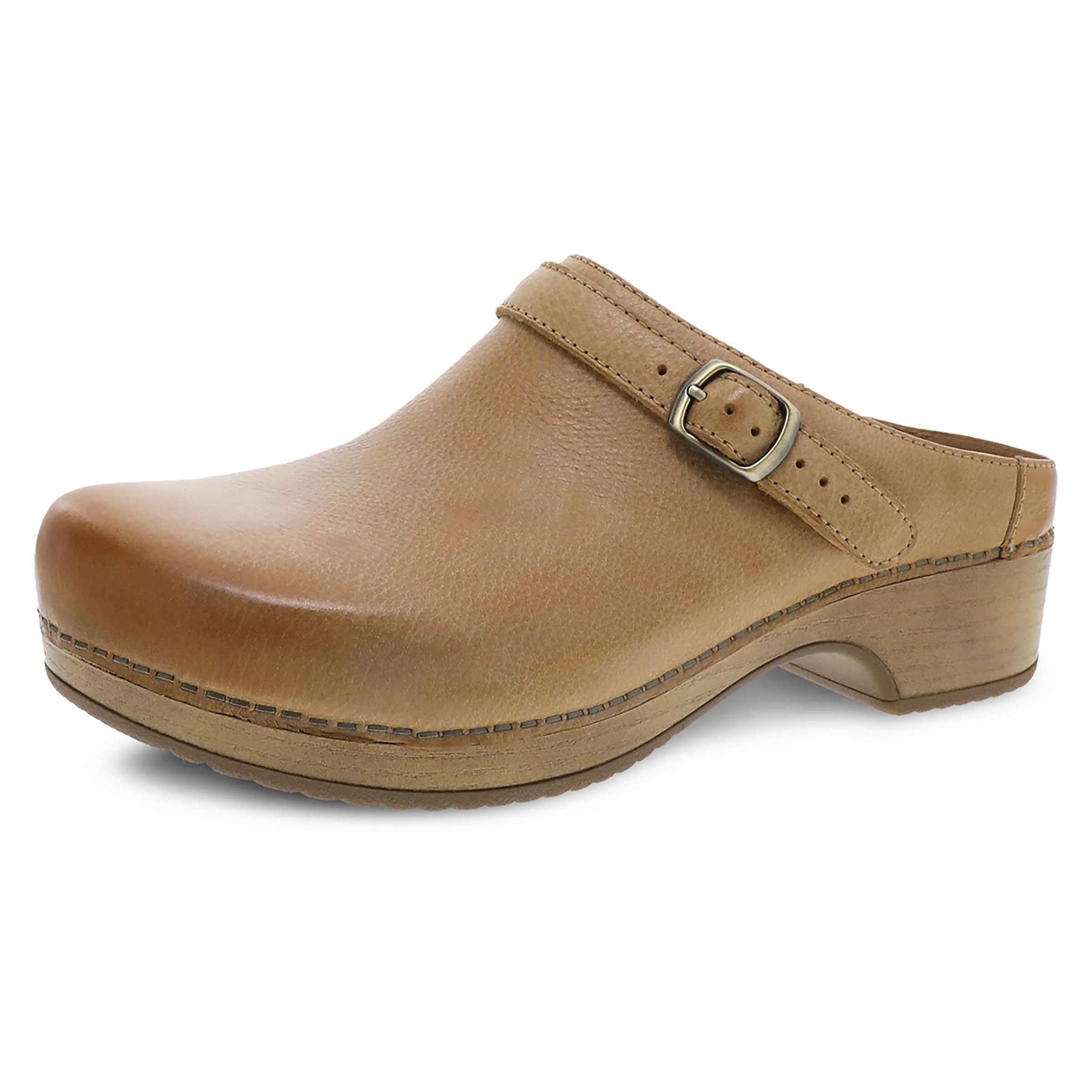 Dansko tan leather buckle clog