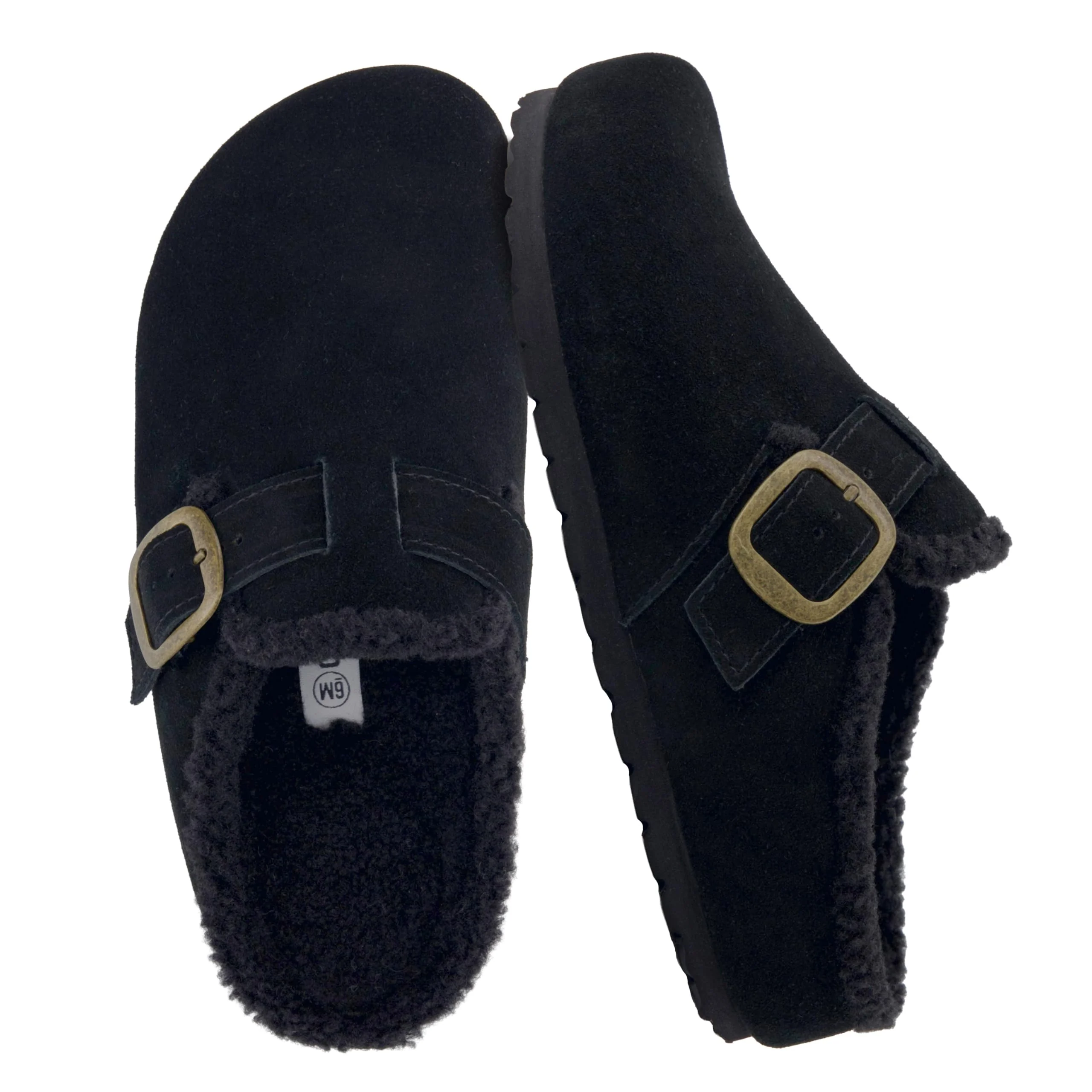 CUSHIONAIRE black fur-lined buckle clog