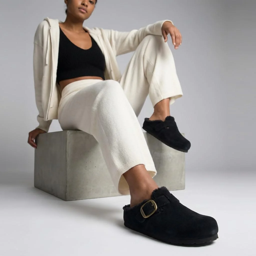 CUSHIONAIRE black fur-lined buckle clog photo 2