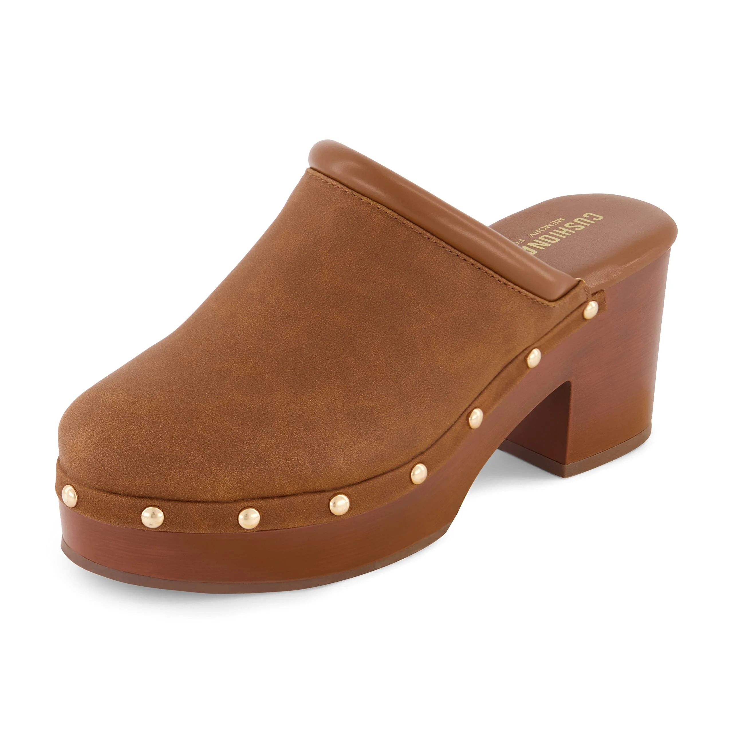 Cushionaire tan-brown studded wooden clog