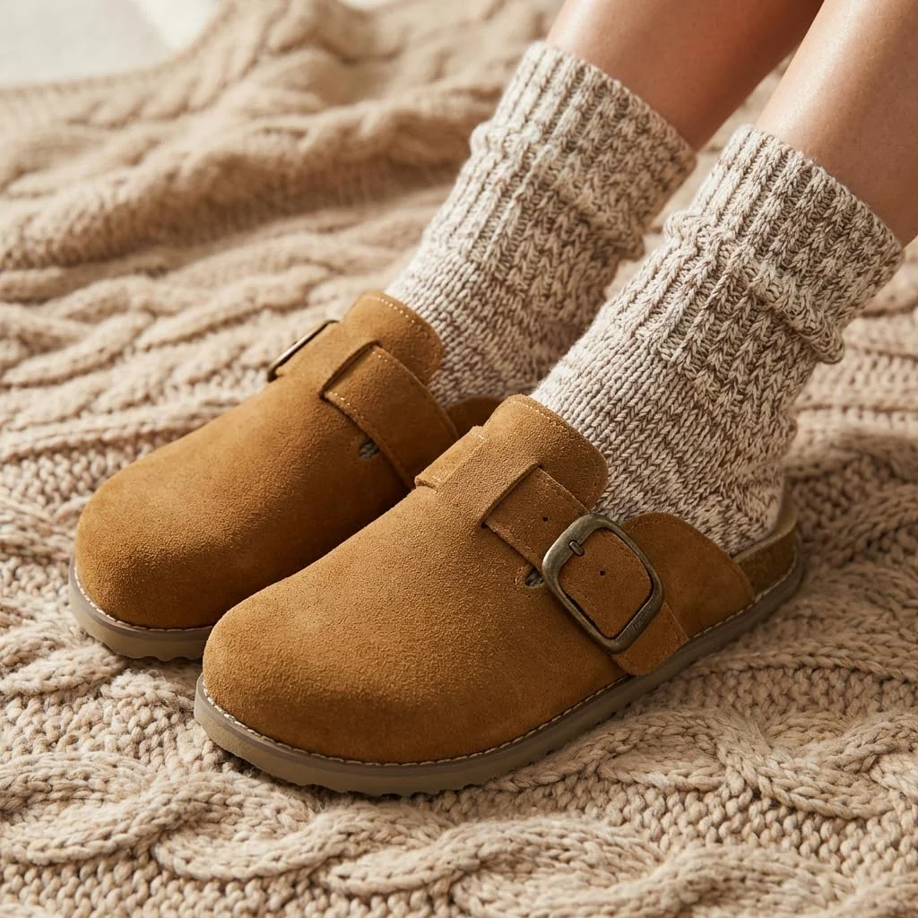 CUSHIONAIRE tan suede buckle clog photo 2