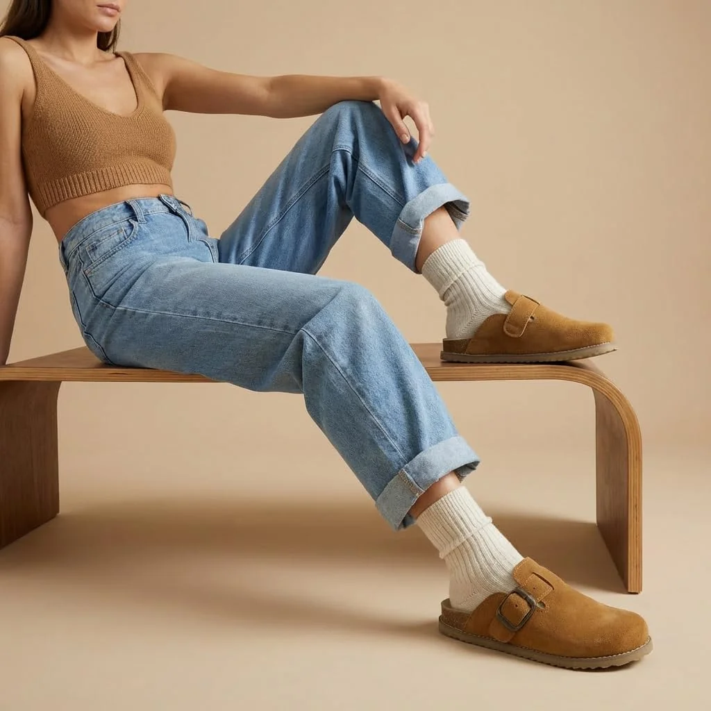 CUSHIONAIRE tan suede buckle clog photo 3