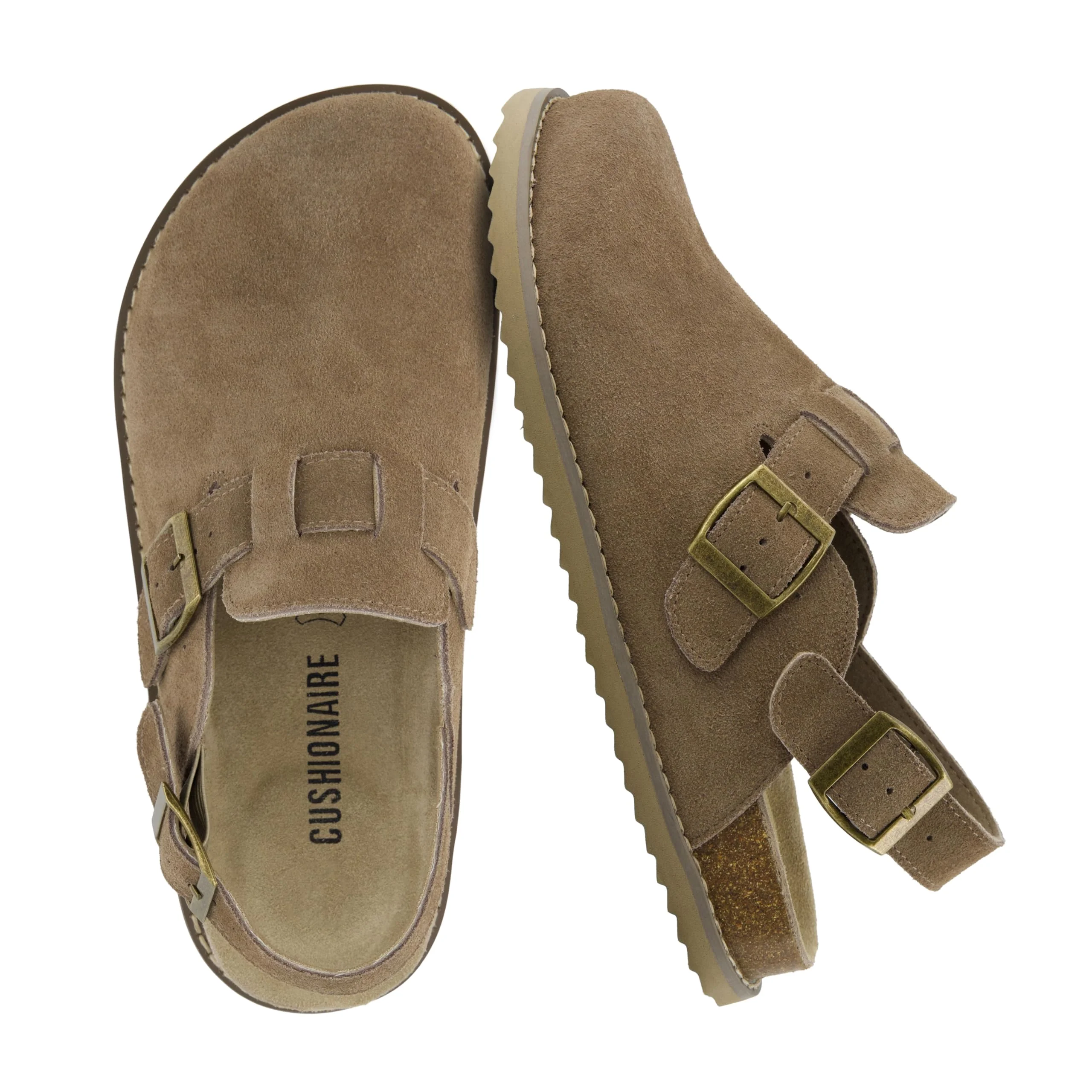CUSHIONAIRE taupe suede buckle clog