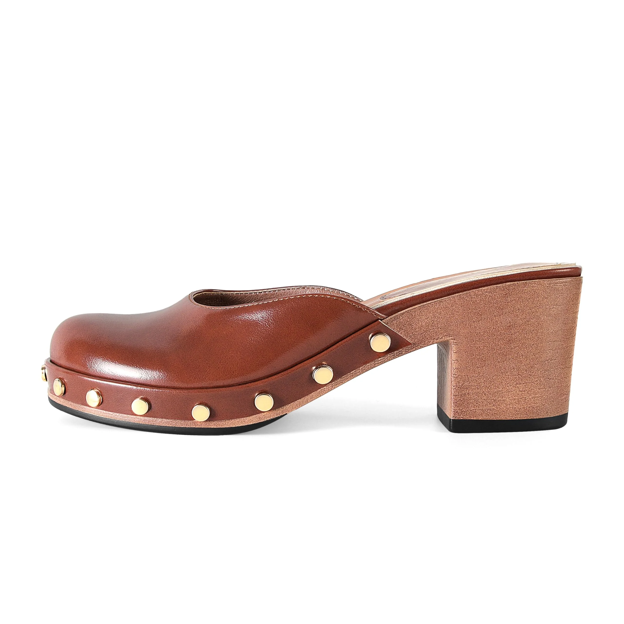 DOEYG Brown Leather Studded Heeled Clog