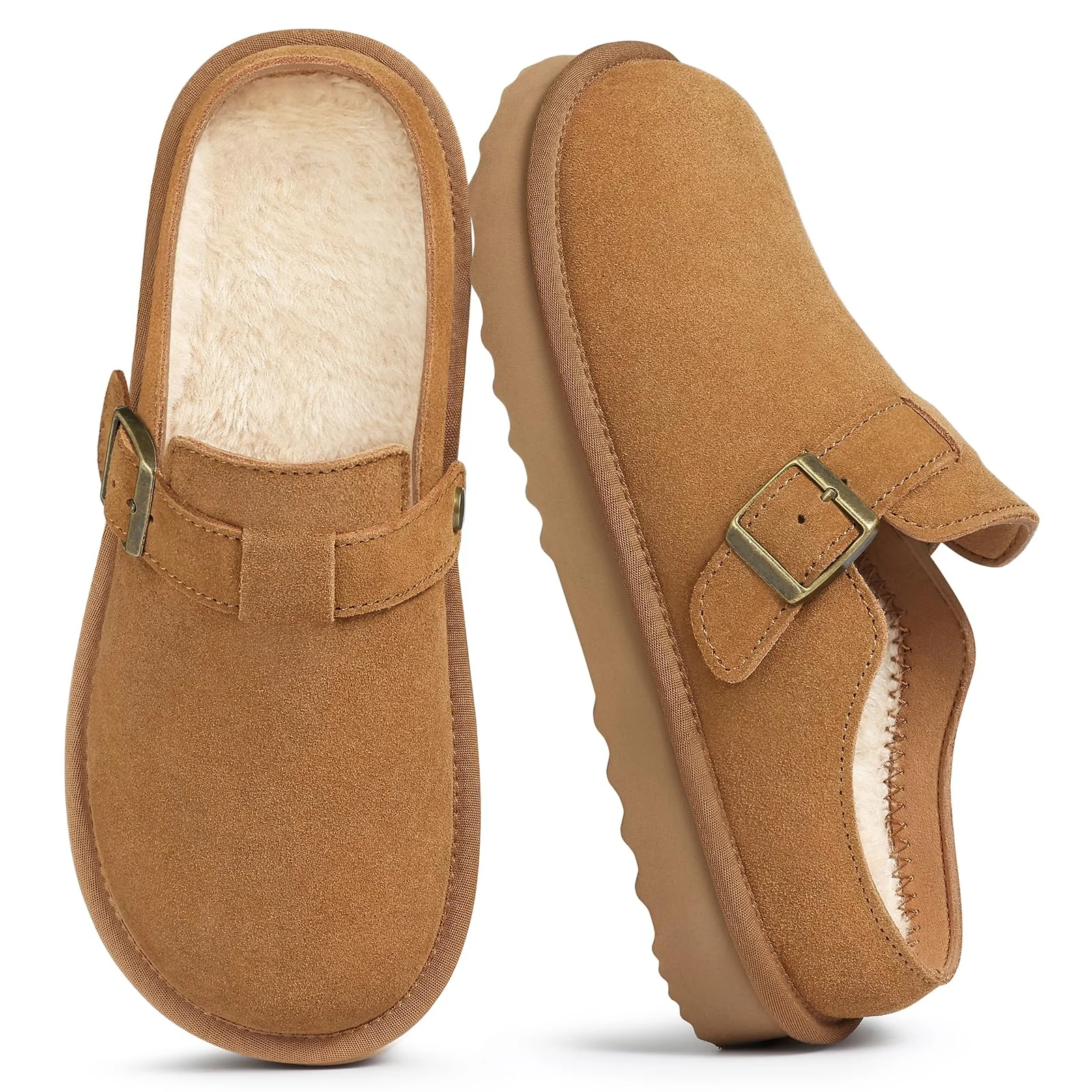Eyriphy Tan Fuzzy-Lined Buckle Clog