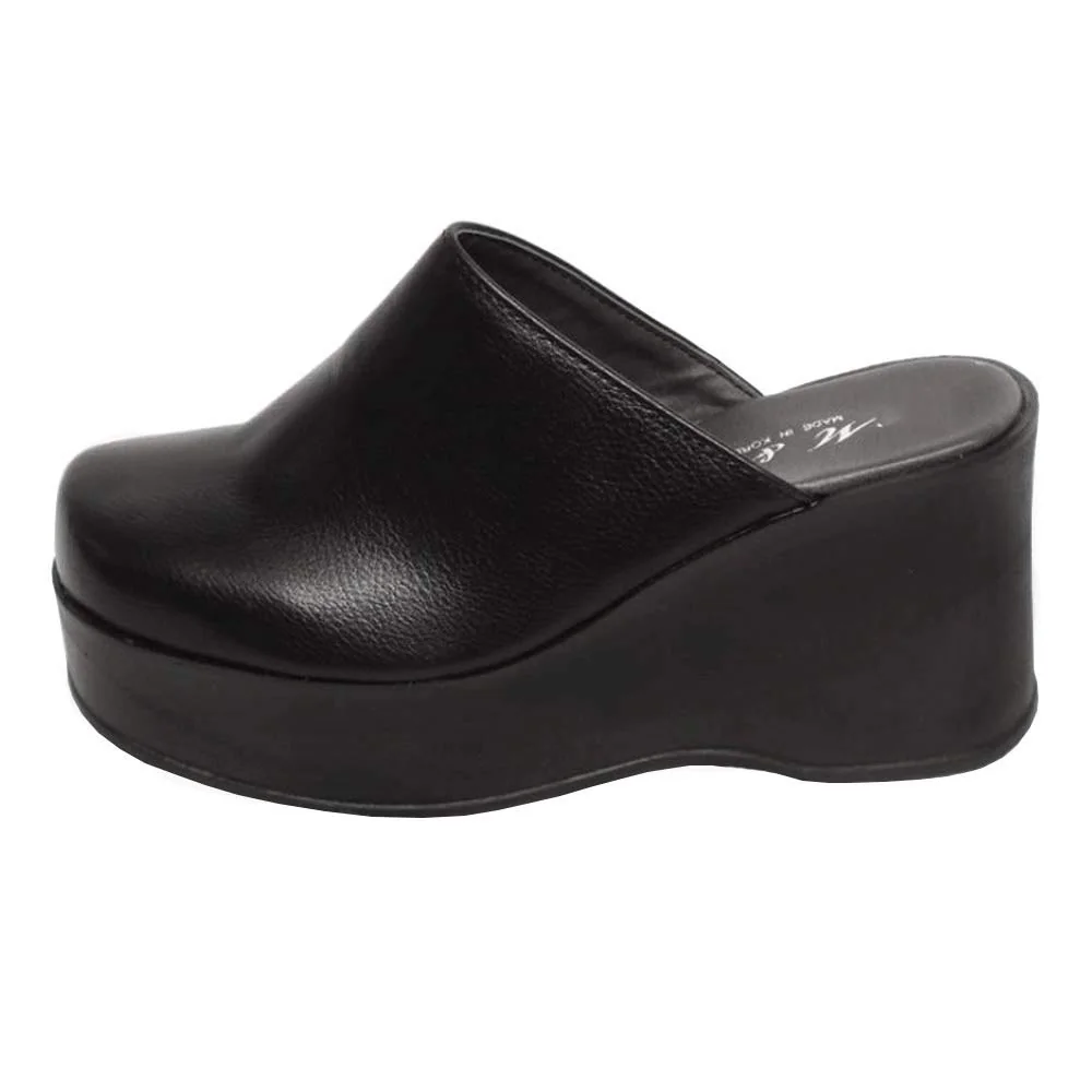 Black leather wedge mule