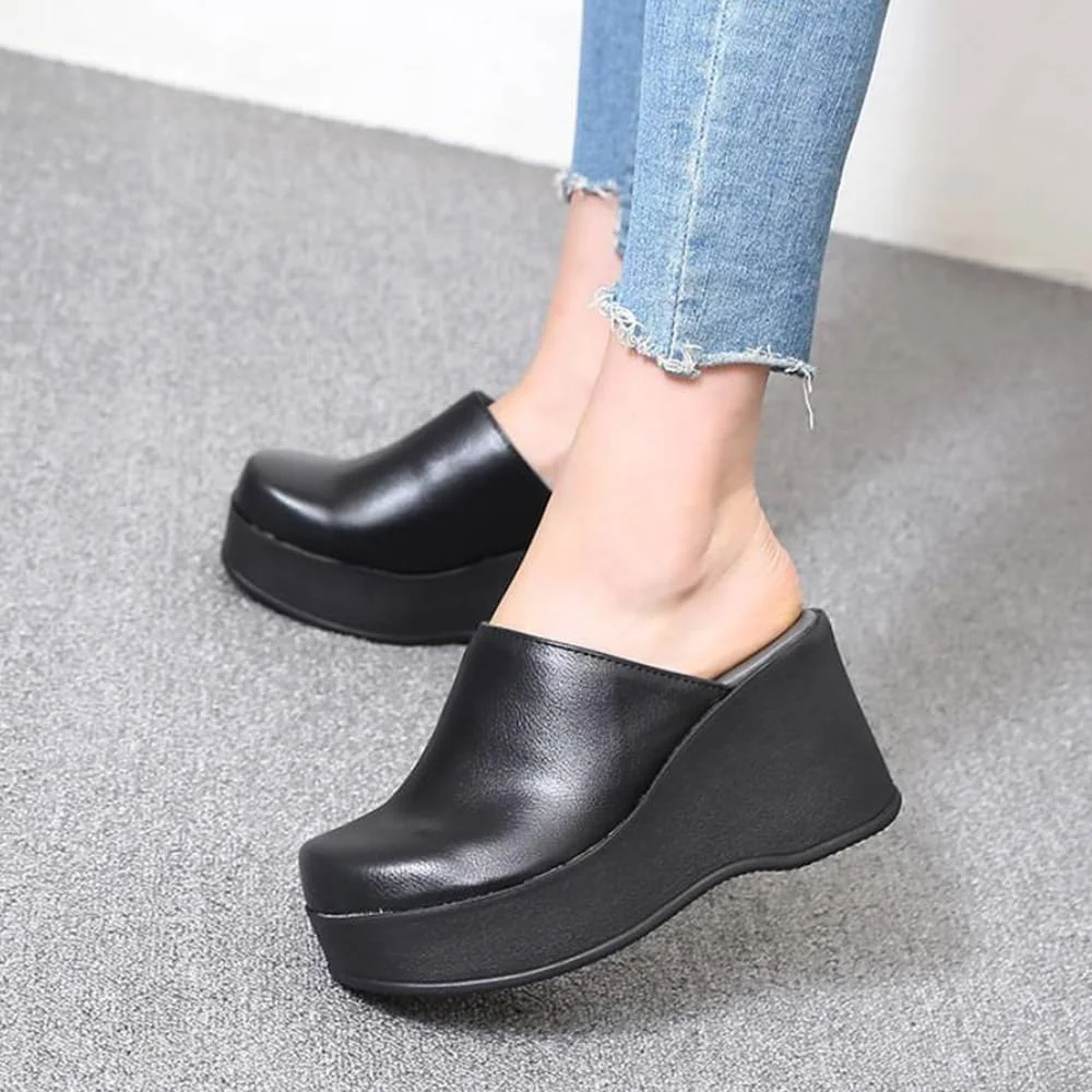 Black leather wedge mule photo 2