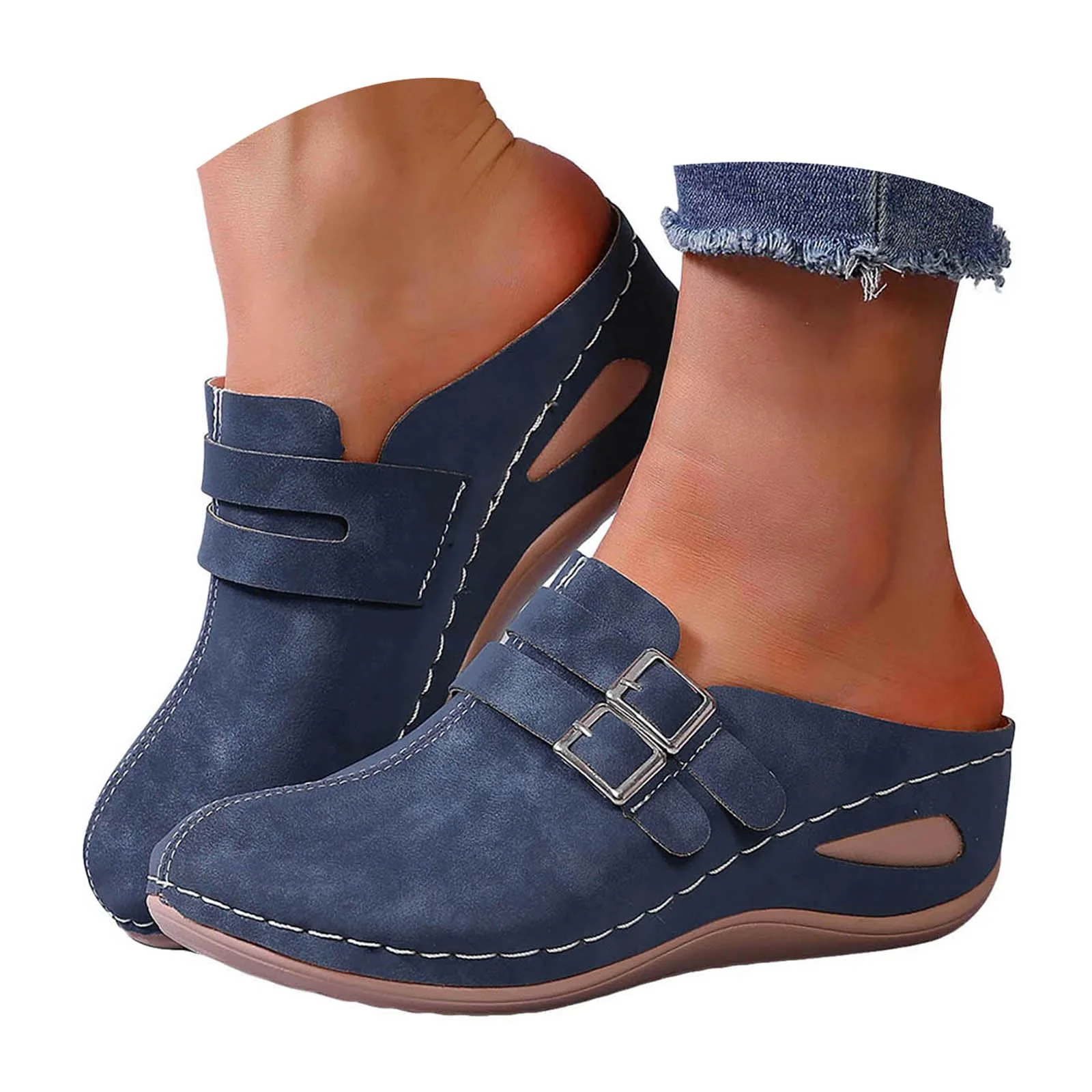 Navy Buckle Wedge Mule