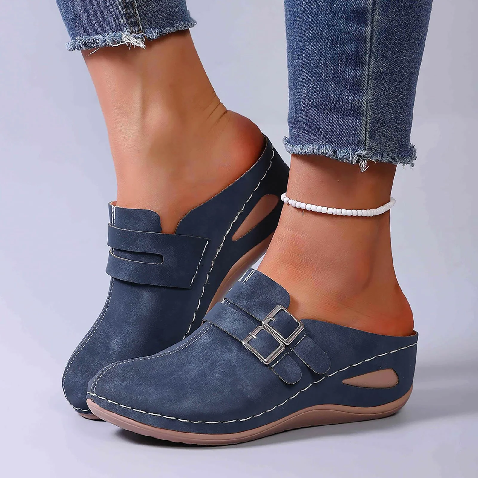 Navy Buckle Wedge Mule photo 2