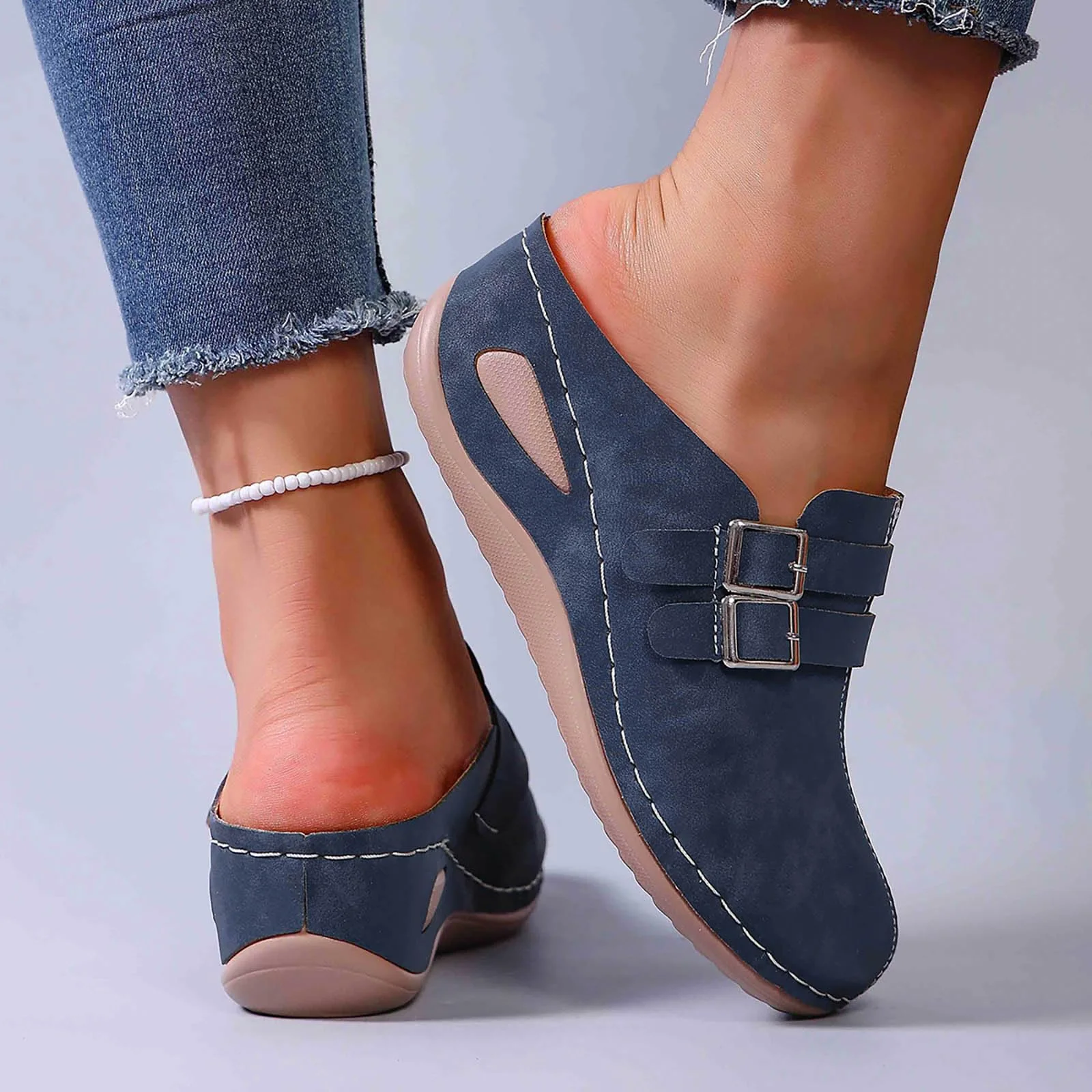Navy Buckle Wedge Mule photo 3