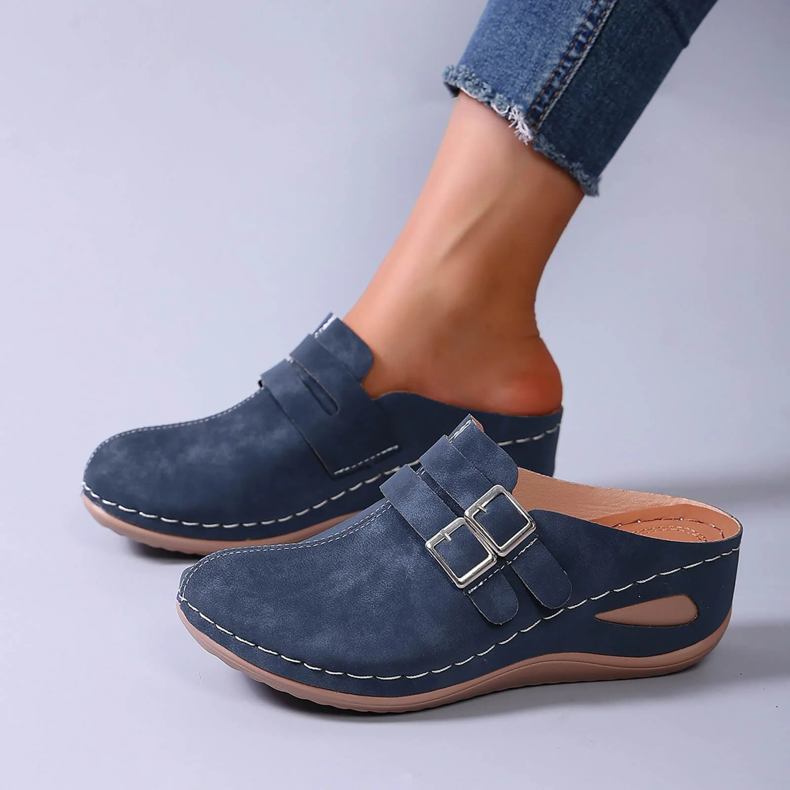 Navy Buckle Wedge Mule photo 4