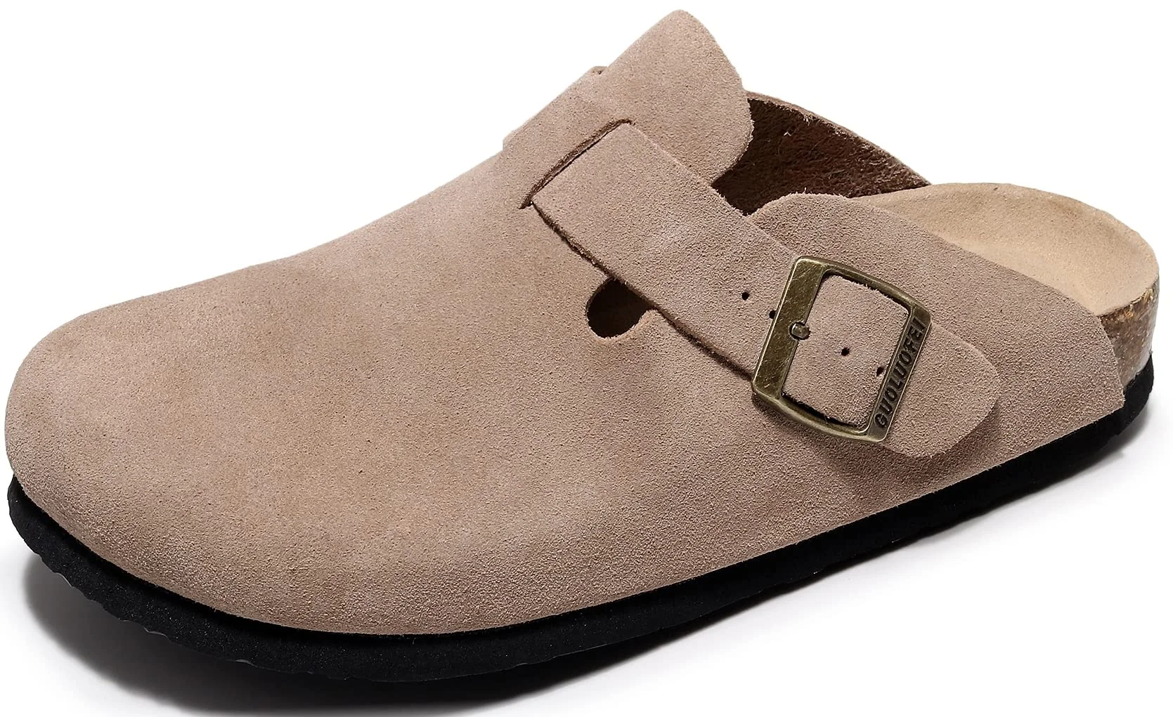Guoluofei beige suede buckle clog