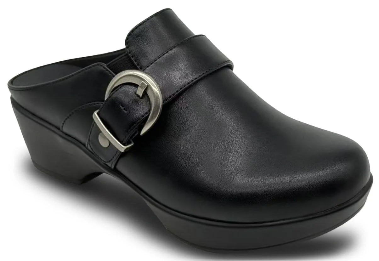Hodrmios black leather buckle mule