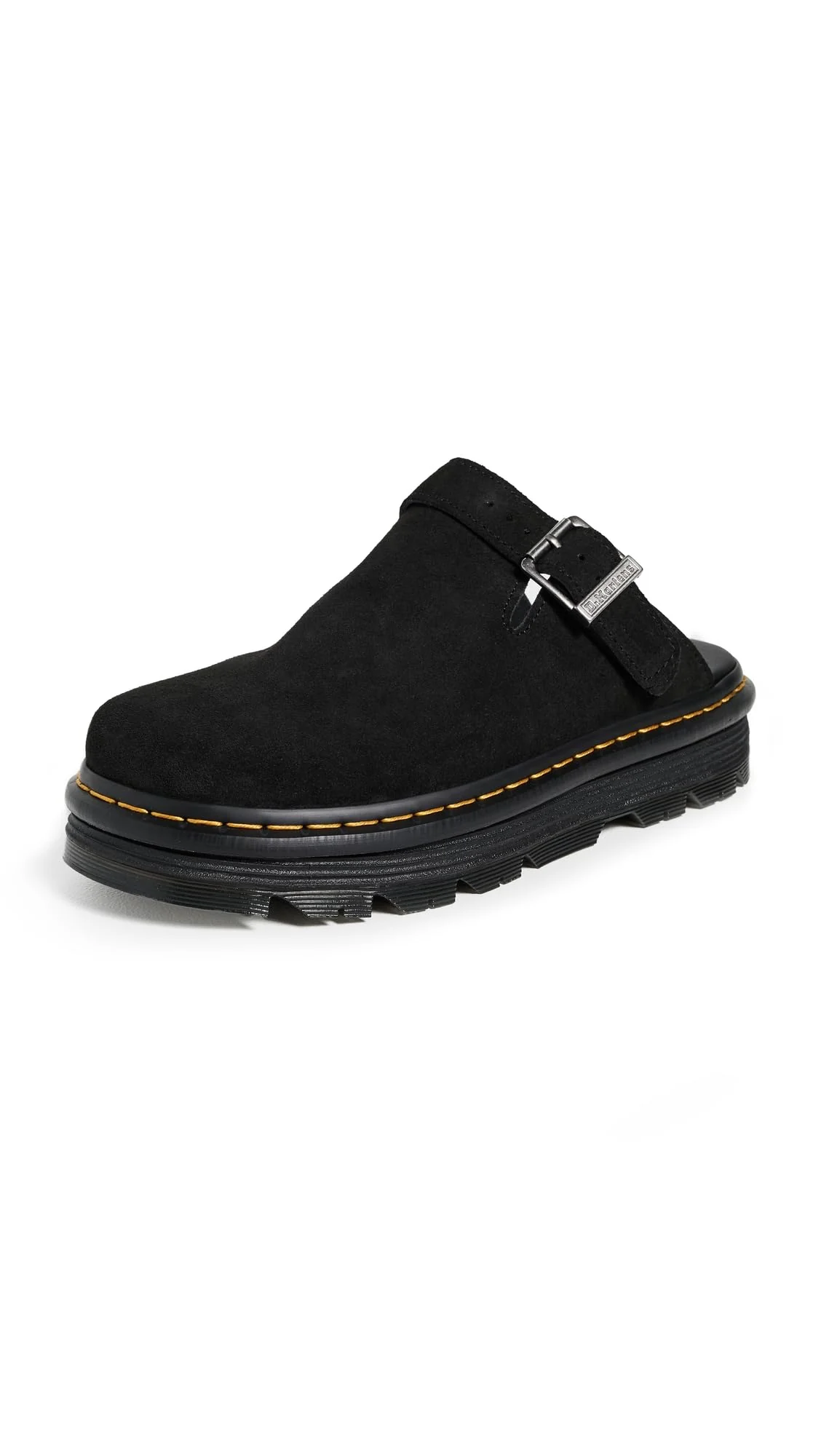 Dr Martens black suede buckle mule