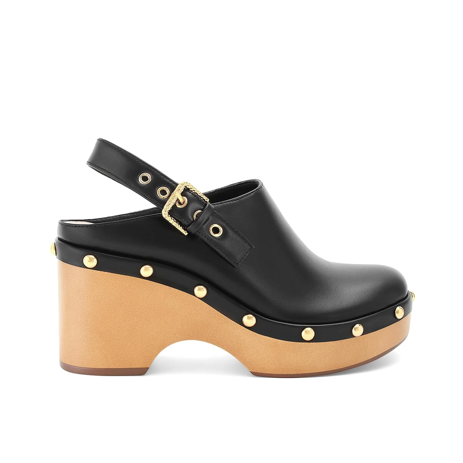 Black Leather Studded Wedge Clog
