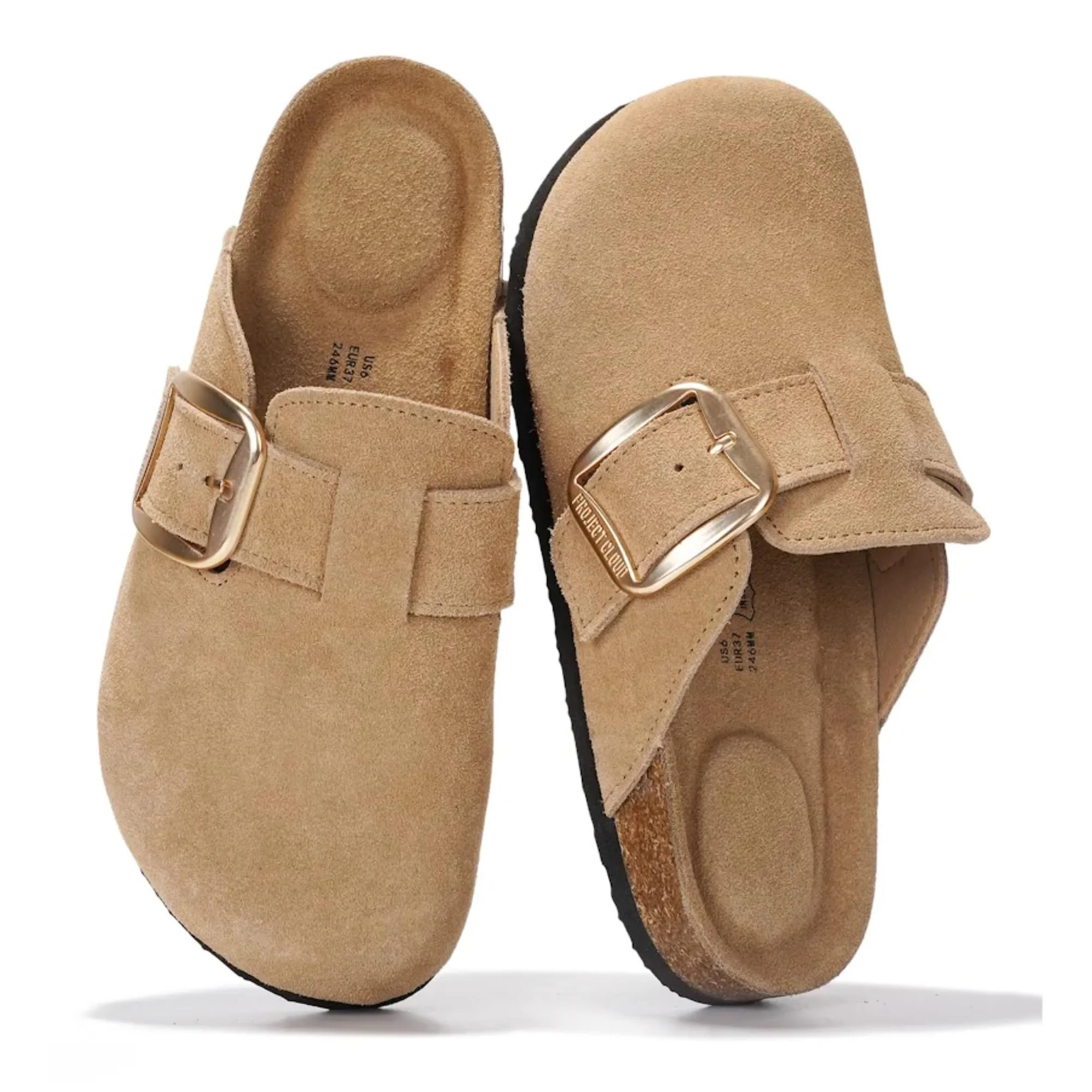 Project Cloud beige suede buckle clog
