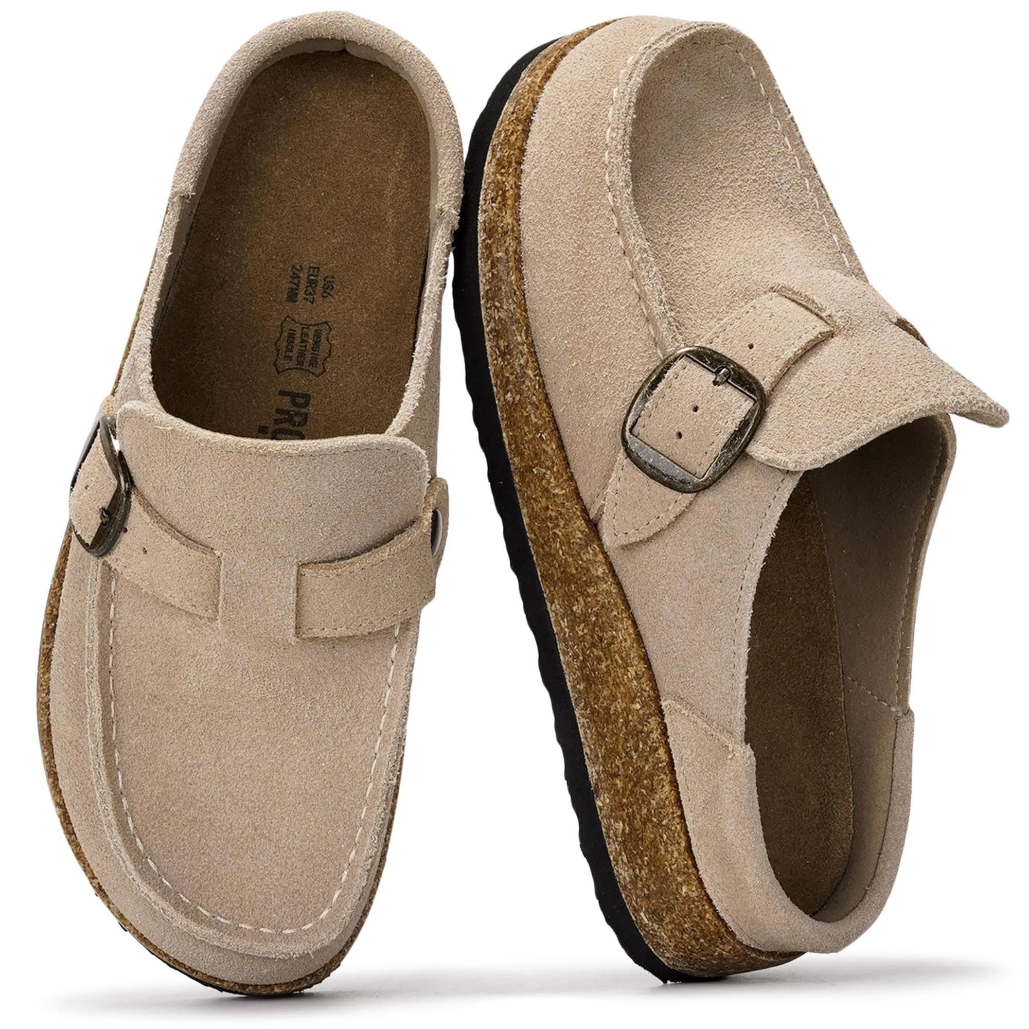 Project Cloud beige suede buckle clog