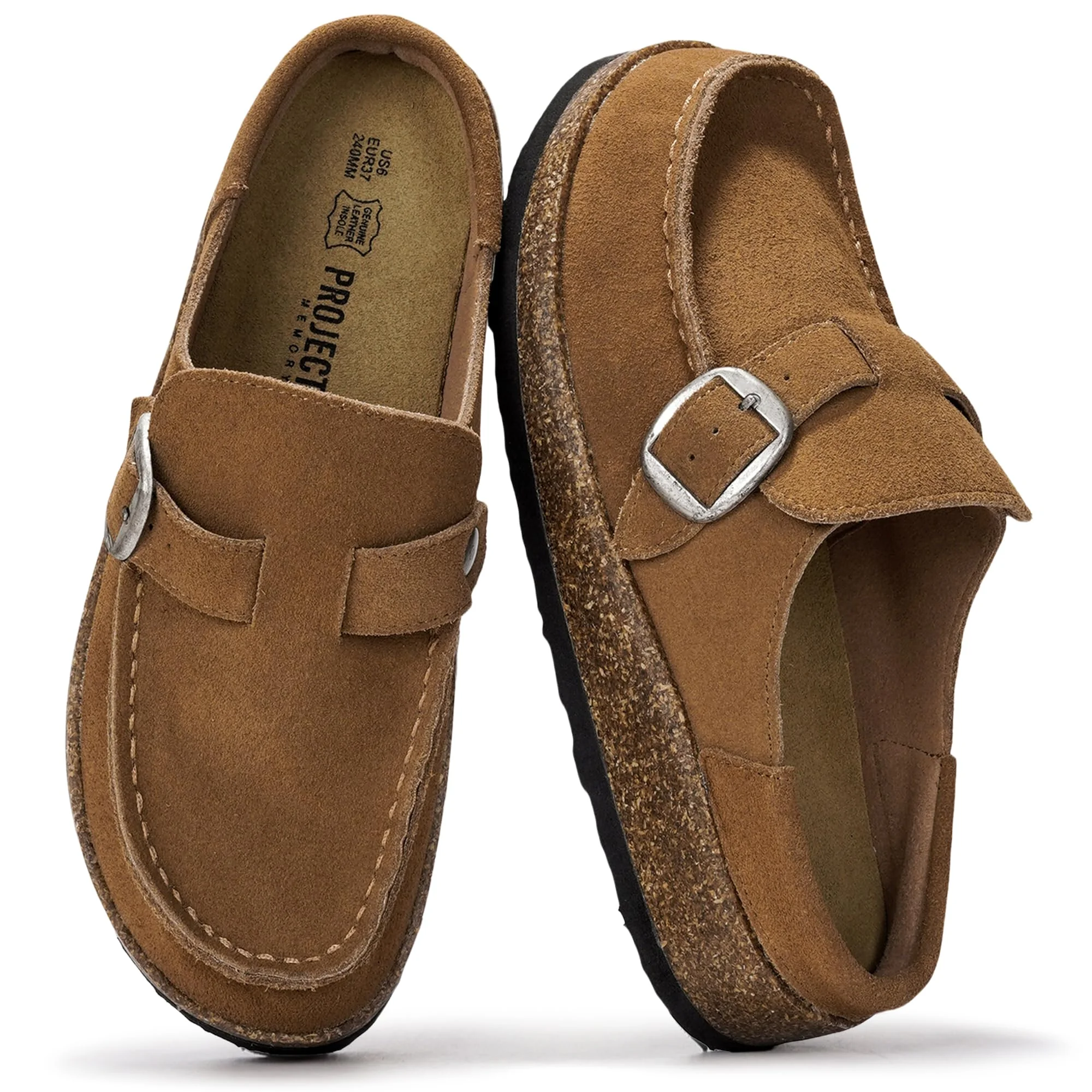Project Cloud tan suede buckle clog