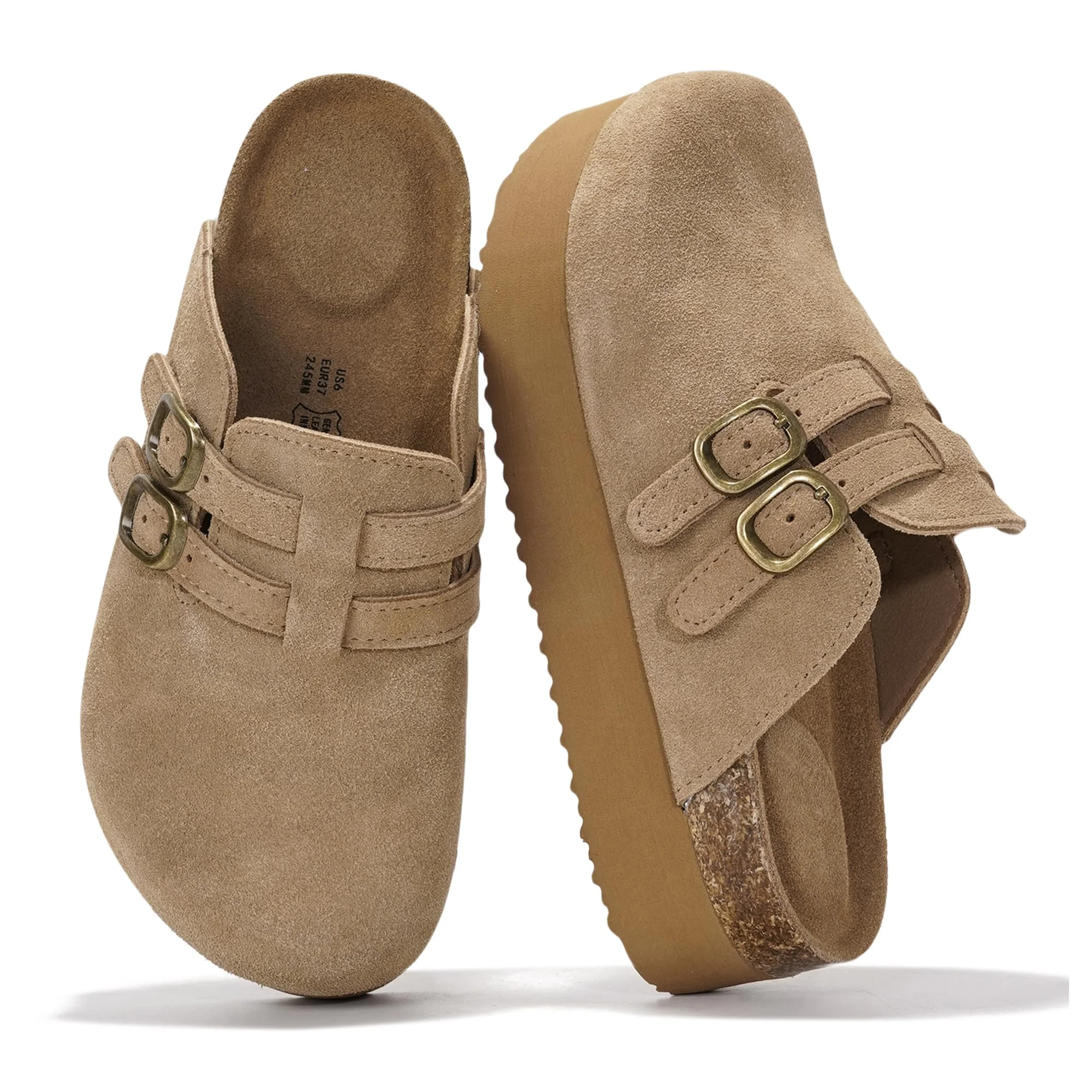 Project Cloud tan suede double-buckle clog