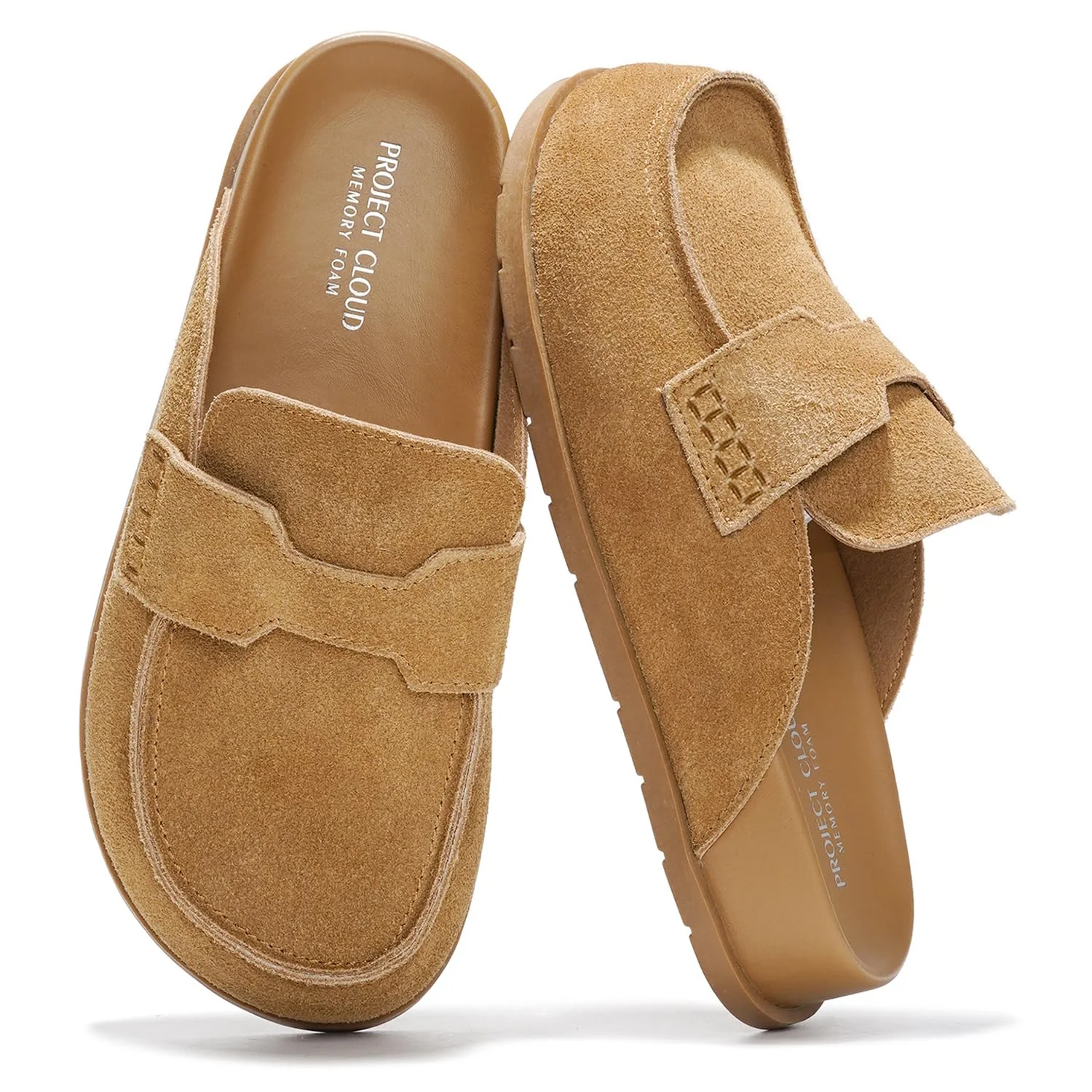 Project Cloud tan suede buckle clog