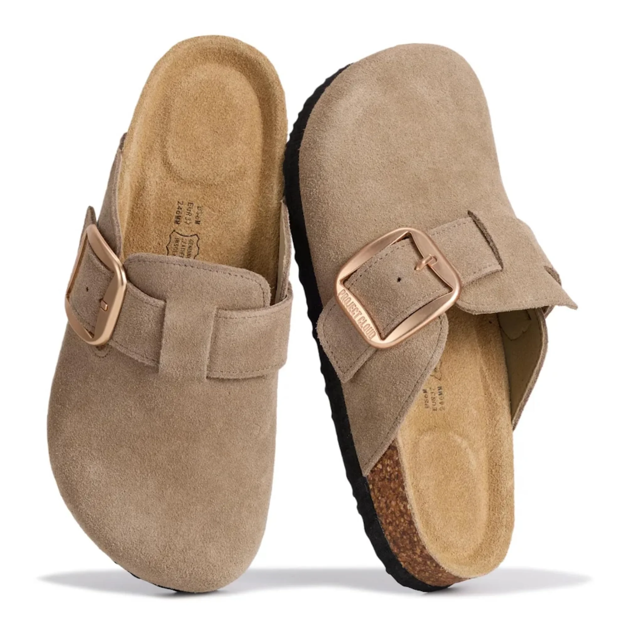 Project Cloud taupe suede buckle clog