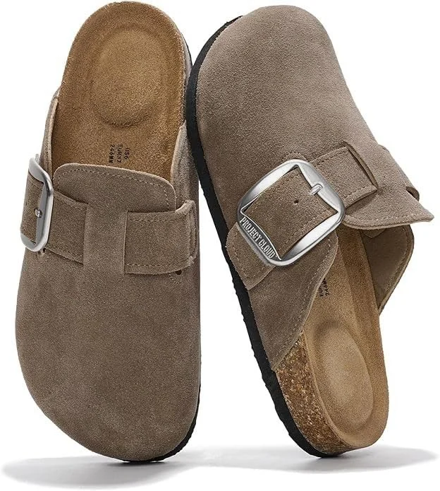 Project Cloud taupe suede buckle clog