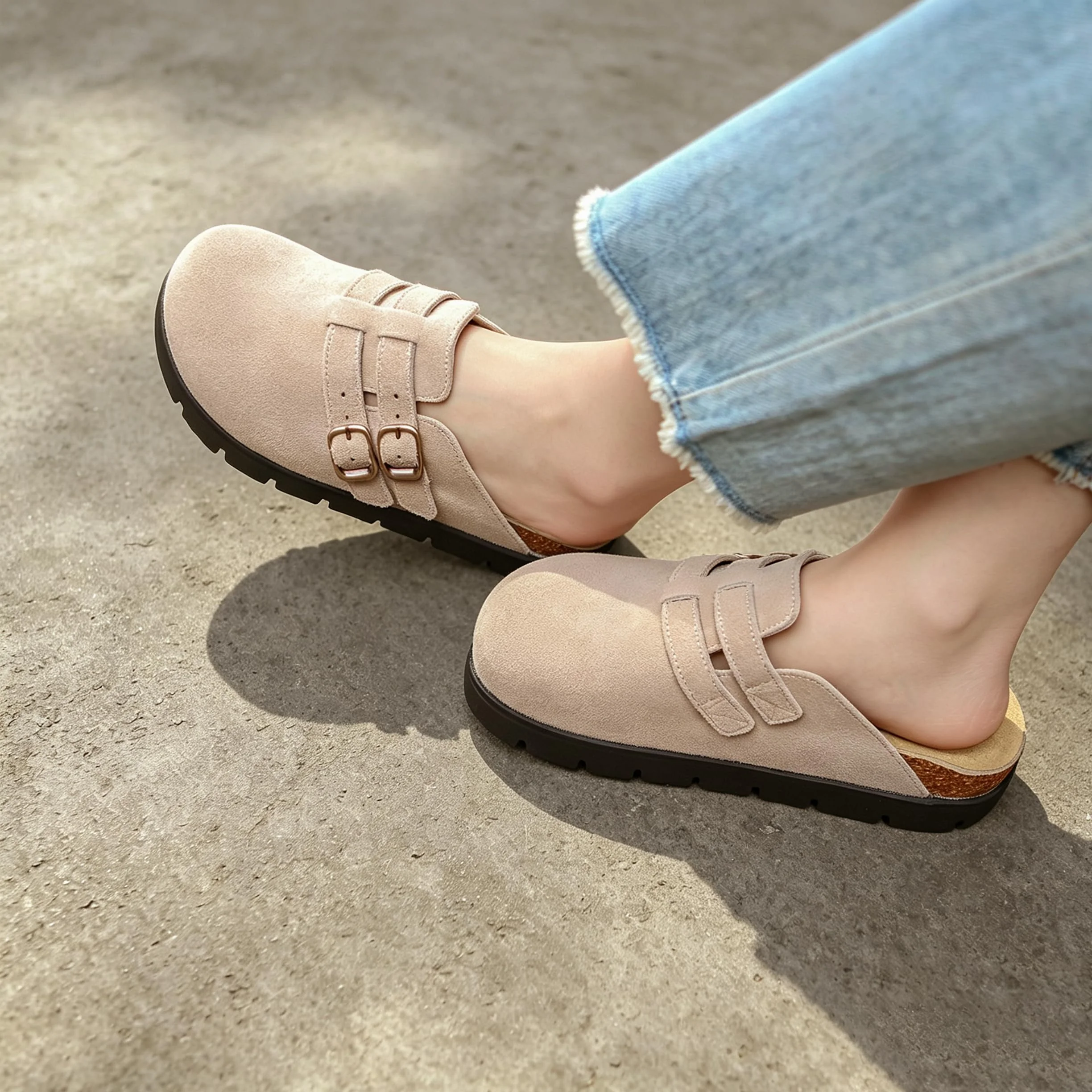 Beige Suede Buckle Platform Clog photo 2