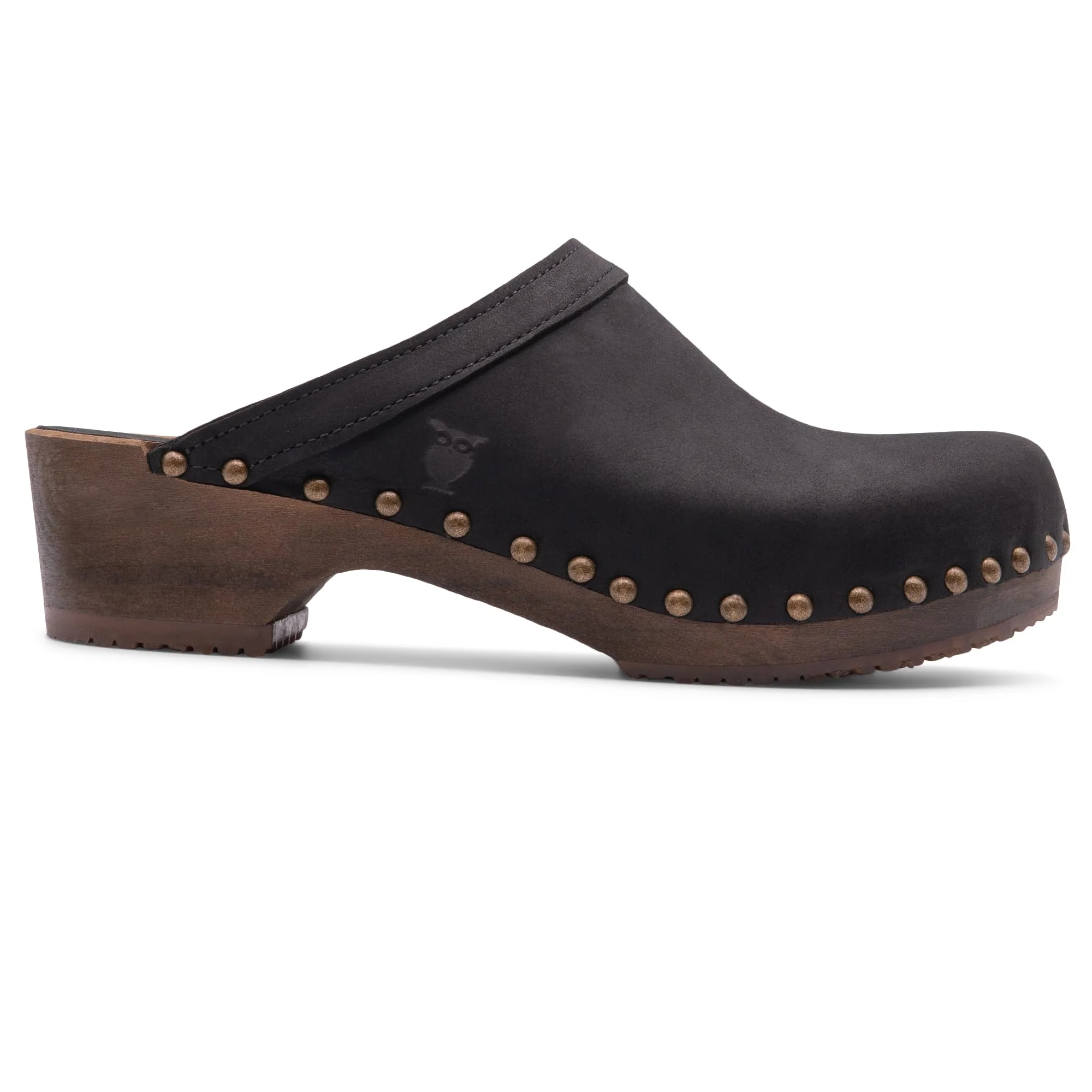 Sandgrens black leather wooden clog