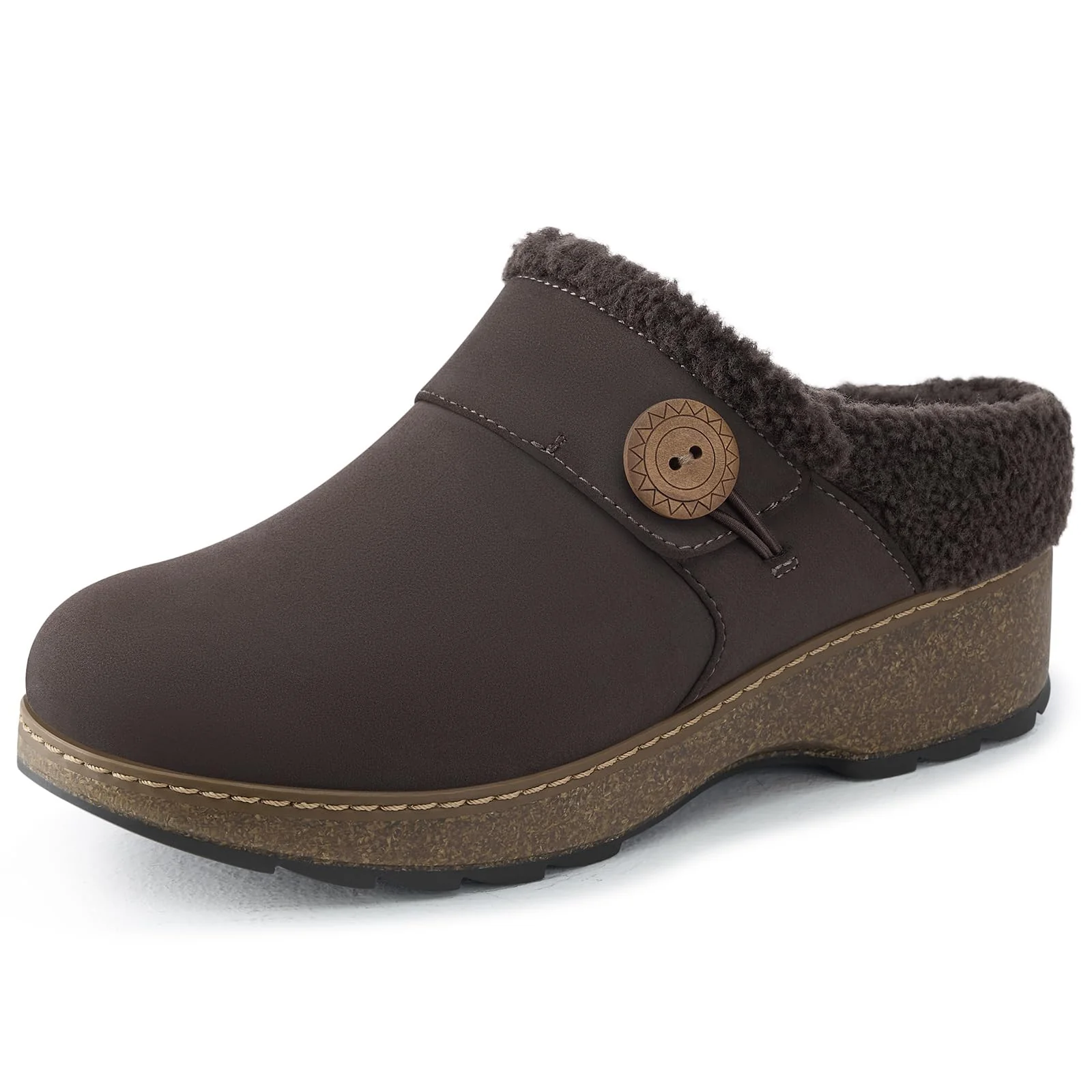 SHIBEVER Dark Brown Fuzzy Button Clog